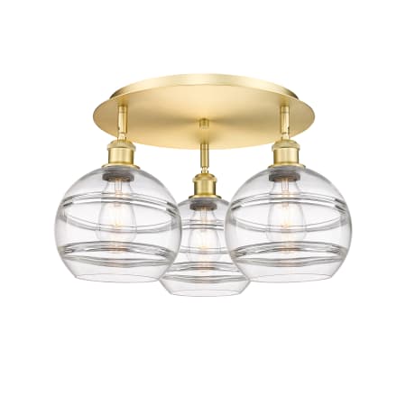 A large image of the Innovations Lighting 516-3C-11-20 Rochester Flush Satin Gold / Clear