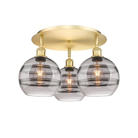 A large image of the Innovations Lighting 516-3C-11-20 Rochester Flush Satin Gold / Light Smoke