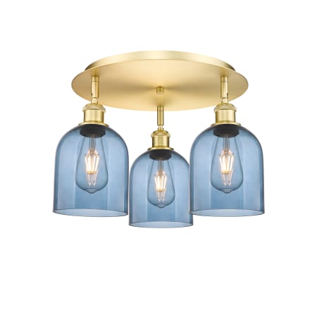 A large image of the Innovations Lighting 516-3C-11-18 Bella Flush Satin Gold / Princess Blue