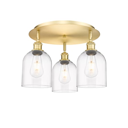 A large image of the Innovations Lighting 516-3C-11-18 Bella Flush Satin Gold / Clear