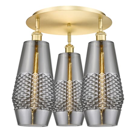 A large image of the Innovations Lighting 516-3C-17-19 Windham Flush Satin Gold / Smoked