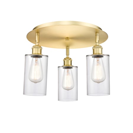 A large image of the Innovations Lighting 516-3C-10-16 Clymer Flush Satin Gold / Clear