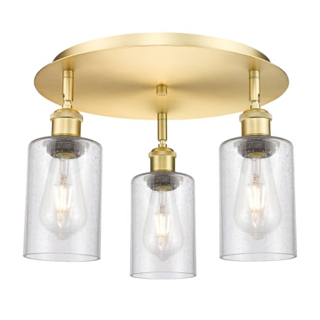 A large image of the Innovations Lighting 516-3C-10-16 Clymer Flush Satin Gold / Seedy