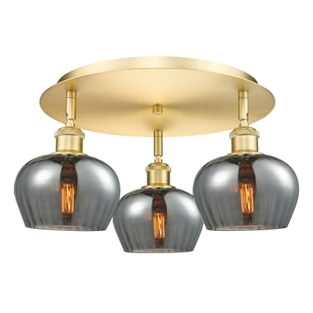 A large image of the Innovations Lighting 516-3C-8-19 Fenton Flush Satin Gold / Plated Smoke