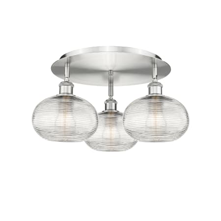 A large image of the Innovations Lighting 516-3C-10-20 Ithaca Flush Satin Nickel / Clear Ithaca