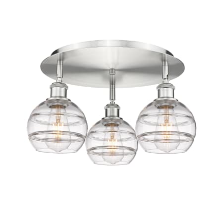 A large image of the Innovations Lighting 516-3C-9-18 Rochester Flush Satin Nickel / Clear