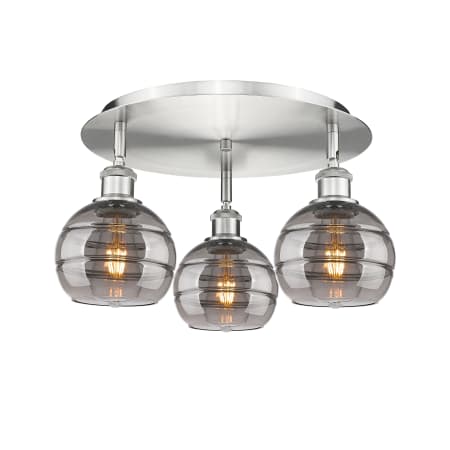 A large image of the Innovations Lighting 516-3C-9-18 Rochester Flush Satin Nickel / Light Smoke