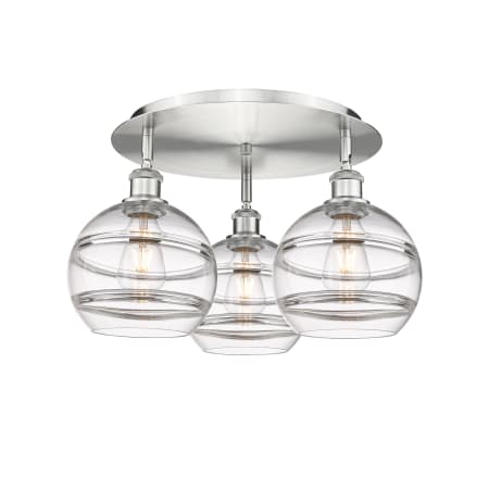 A large image of the Innovations Lighting 516-3C-11-20 Rochester Flush Satin Nickel / Clear