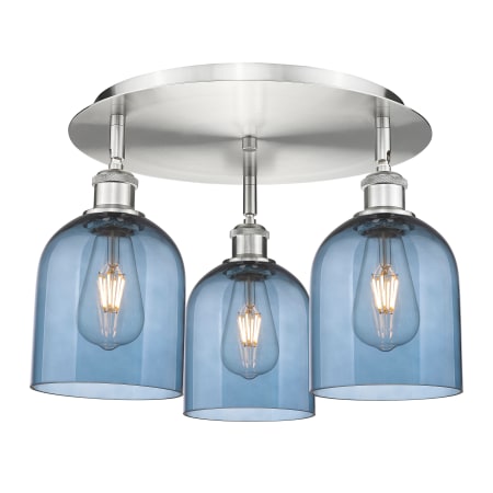 A large image of the Innovations Lighting 516-3C-11-18 Bella Flush Satin Nickel / Princess Blue