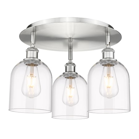 A large image of the Innovations Lighting 516-3C-11-18 Bella Flush Satin Nickel / Clear