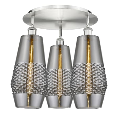 A large image of the Innovations Lighting 516-3C-17-19 Windham Flush Satin Nickel / Smoked