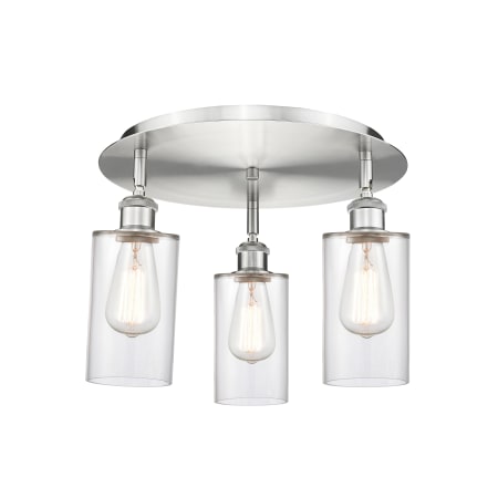 A large image of the Innovations Lighting 516-3C-10-16 Clymer Flush Satin Nickel / Clear