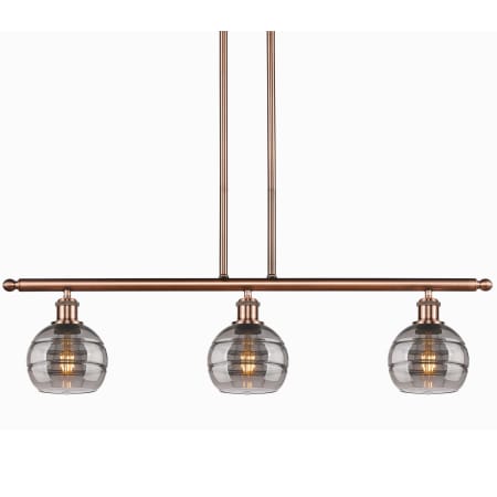 A large image of the Innovations Lighting 516-3I-9-36 Rochester Pendant Antique Copper / Light Smoke