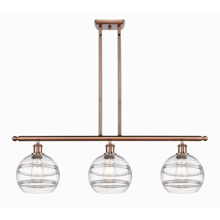 A large image of the Innovations Lighting 516-3I-10-36 Rochester Linear Antique Copper / Clear