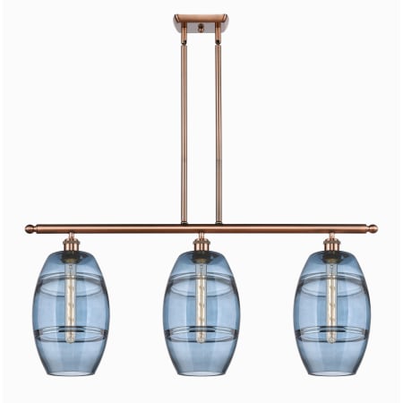 A large image of the Innovations Lighting 516-3I-10-36 Vaz Linear Antique Copper / Blue