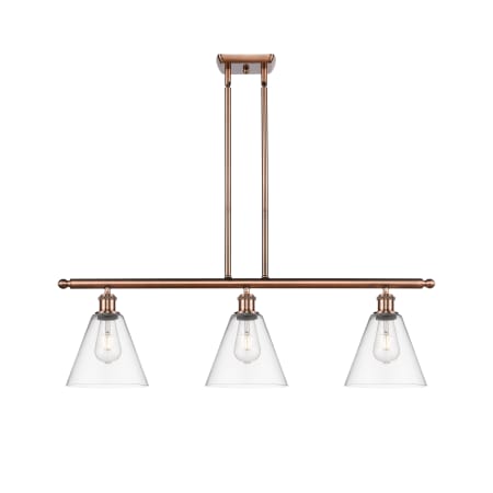 A large image of the Innovations Lighting 516-3I-11-36 Berkshire Linear Antique Copper / Clear