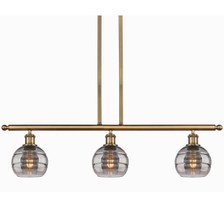 A large image of the Innovations Lighting 516-3I-9-36 Rochester Pendant Brushed Brass / Light Smoke