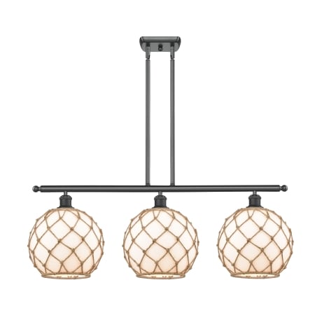 A large image of the Innovations Lighting 516-3I Large Farmhouse Rope Matte Black / White Glass with Brown Rope