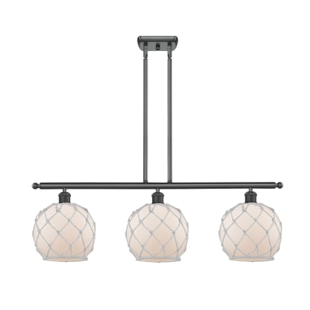 A large image of the Innovations Lighting 516-3I Farmhouse Rope Matte Black / White Glass with White Rope