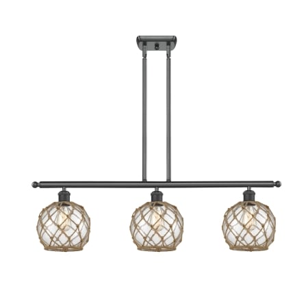 A large image of the Innovations Lighting 516-3I Farmhouse Rope Matte Black / Clear Glass with Brown Rope