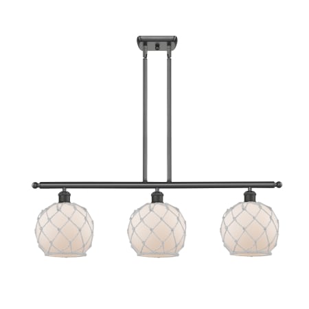 A large image of the Innovations Lighting 516-3I Farmhouse Rope Oil Rubbed Bronze / White Glass with White Rope
