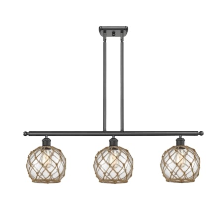 A large image of the Innovations Lighting 516-3I Farmhouse Rope Oil Rubbed Bronze / Clear Glass with Brown Rope