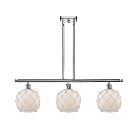A large image of the Innovations Lighting 516-3I Farmhouse Rope Polished Chrome / White Glass with White Rope
