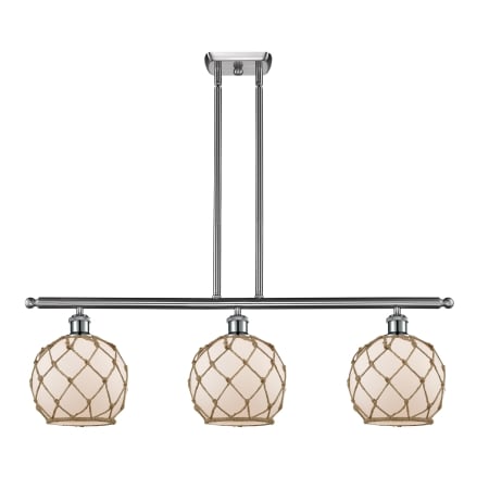 A large image of the Innovations Lighting 516-3I Farmhouse Rope Brushed Satin Nickel / White Glass with Brown Rope