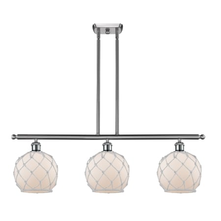 A large image of the Innovations Lighting 516-3I Farmhouse Rope Brushed Satin Nickel / White Glass with White Rope