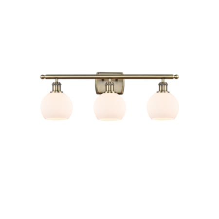 A large image of the Innovations Lighting 516-3W-10-26 Athens Vanity Antique Brass / Matte White