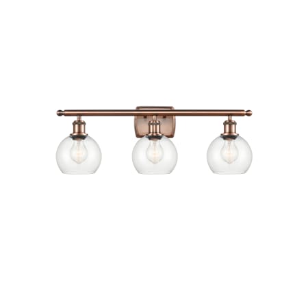 A large image of the Innovations Lighting 516-3W-9-26 Athens Vanity Antique Copper / Clear