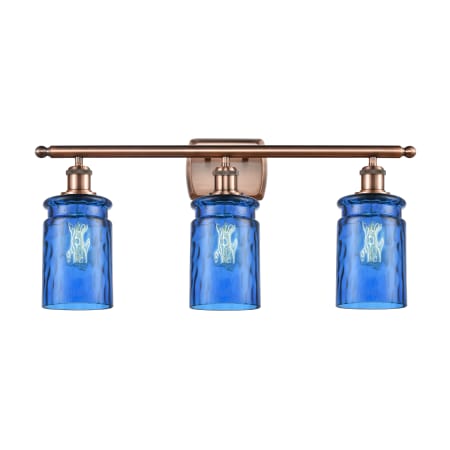 A large image of the Innovations Lighting 516-3W Candor Antique Copper / Princess Blue Waterglass