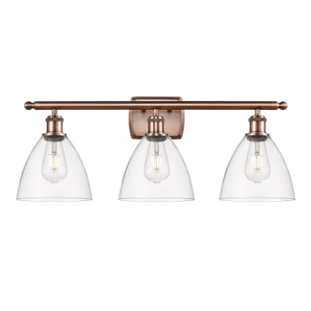 A large image of the Innovations Lighting 516-3W-11-28 Bristol Vanity Antique Copper / Clear