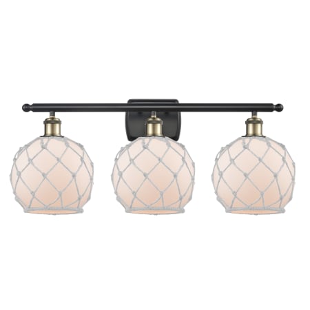 A large image of the Innovations Lighting 516-3W-13-26 Farmhouse Vanity Frosted Glass / White Rope / Black Antique Brass