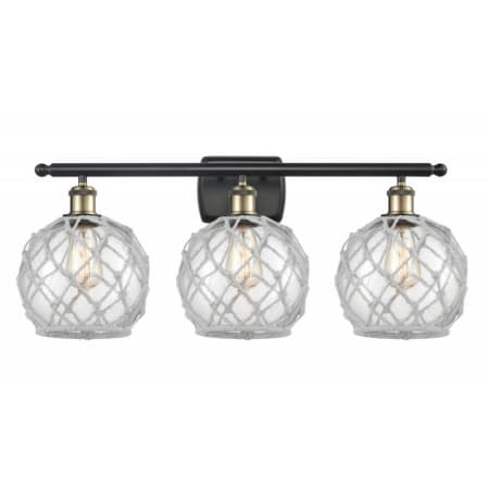 A large image of the Innovations Lighting 516-3W-13-26 Farmhouse Vanity Clear Glass with White Rope / Black Antique Brass