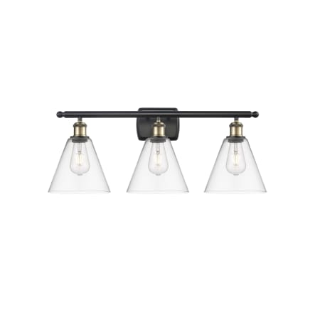 A large image of the Innovations Lighting 516-3W-11-28 Berkshire Vanity Black Antique Brass / Clear