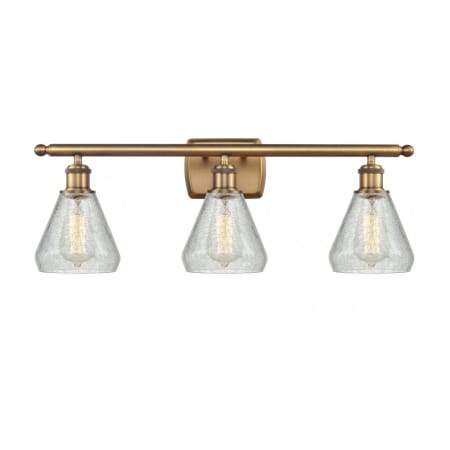 A large image of the Innovations Lighting 516-3W Conesus Brushed Brass / Clear Crackle