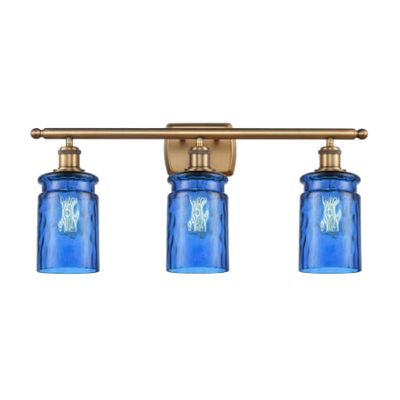 A large image of the Innovations Lighting 516-3W Candor Brushed Brass / Princess Blue Waterglass