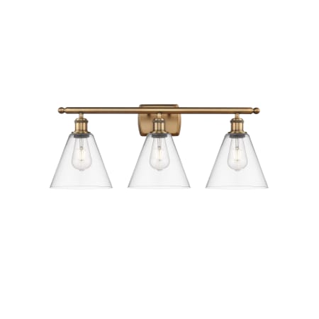 A large image of the Innovations Lighting 516-3W-11-28 Berkshire Vanity Brushed Brass / Clear