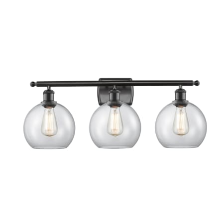 A large image of the Innovations Lighting 516-3W-13-26 Athens Vanity Matte Black / Clear