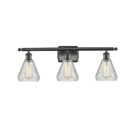 A large image of the Innovations Lighting 516-3W Conesus Matte Black / Clear Crackle