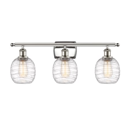 A large image of the Innovations Lighting 516-3W-11-26 Belfast Vanity Polished Nickel / Deco Swirl