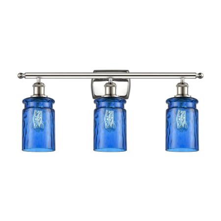 A large image of the Innovations Lighting 516-3W Candor Polished Nickel / Princess Blue Waterglass