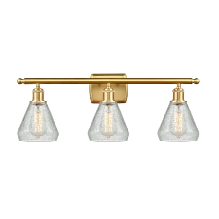 A large image of the Innovations Lighting 516-3W-12-26 Conesus Vanity Clear Crackle / Satin Gold