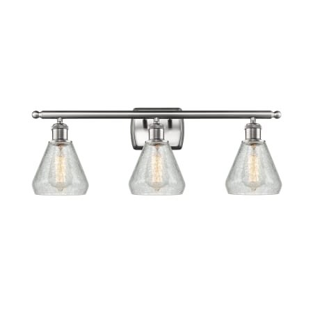 A large image of the Innovations Lighting 516-3W Conesus Brushed Satin Nickel / Clear Crackle