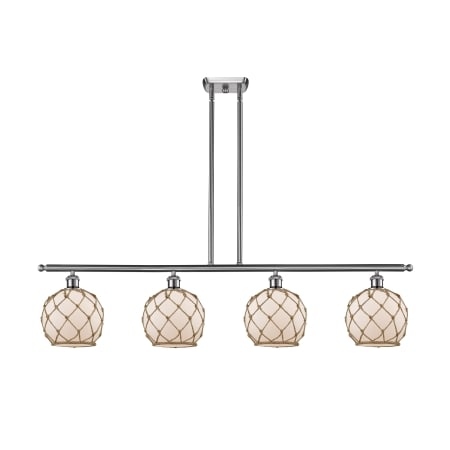 A large image of the Innovations Lighting 516-4I Farmhouse Rope Brushed Satin Nickel / White Glass with Brown Rope