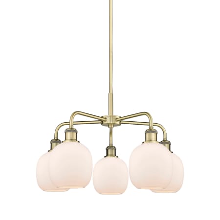 A large image of the Innovations Lighting 516-5CR-15-24 Belfast Chandelier Antique Brass / Matte White