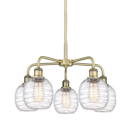 A large image of the Innovations Lighting 516-5CR-15-24 Belfast Chandelier Antique Brass / Deco Swirl