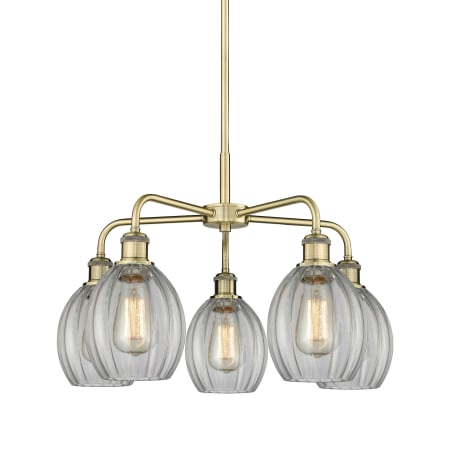 A large image of the Innovations Lighting 516-5CR-16-24 Eaton Chandelier Antique Brass / Clear