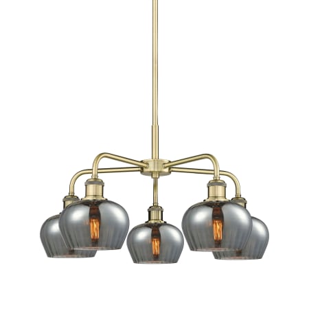 A large image of the Innovations Lighting 516-5CR-14-25 Fenton Chandelier Antique Brass / Plated Smoke